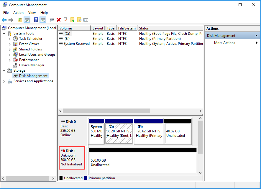 disk 1 unknown not initialized